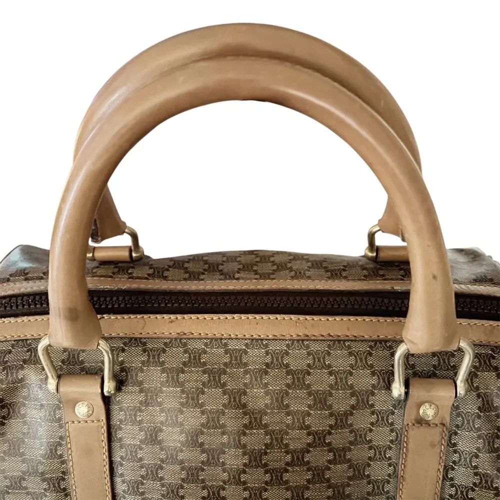Vintage Céline Macadam Monogram Coated Canvas Boston Bag Tan Leather Trim